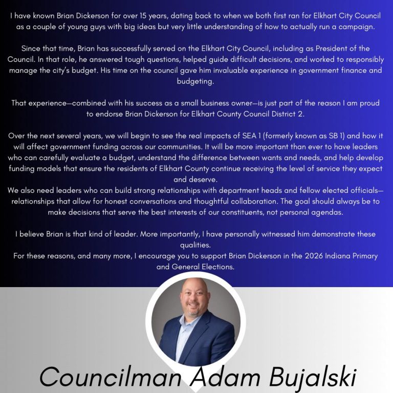 Adam Bujalski, Elkhart Co. Council endorses Brian Dickerson for Council