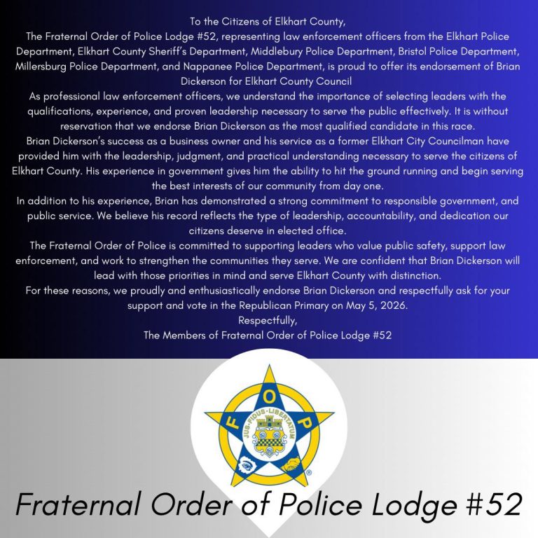 FOP endorses Brian Dickerson for Elkhart Co. Council